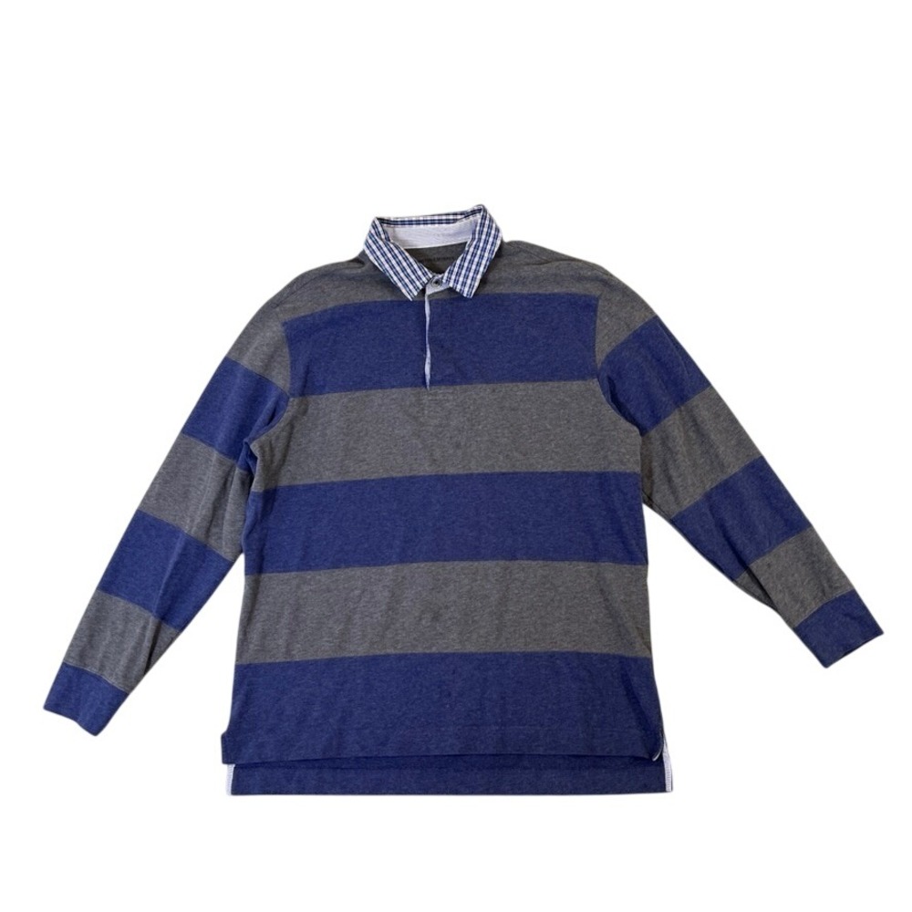 Johnston & Murphy Mens Large Rugby Shirt Blue Grey Striped Cotton Long Sleeve